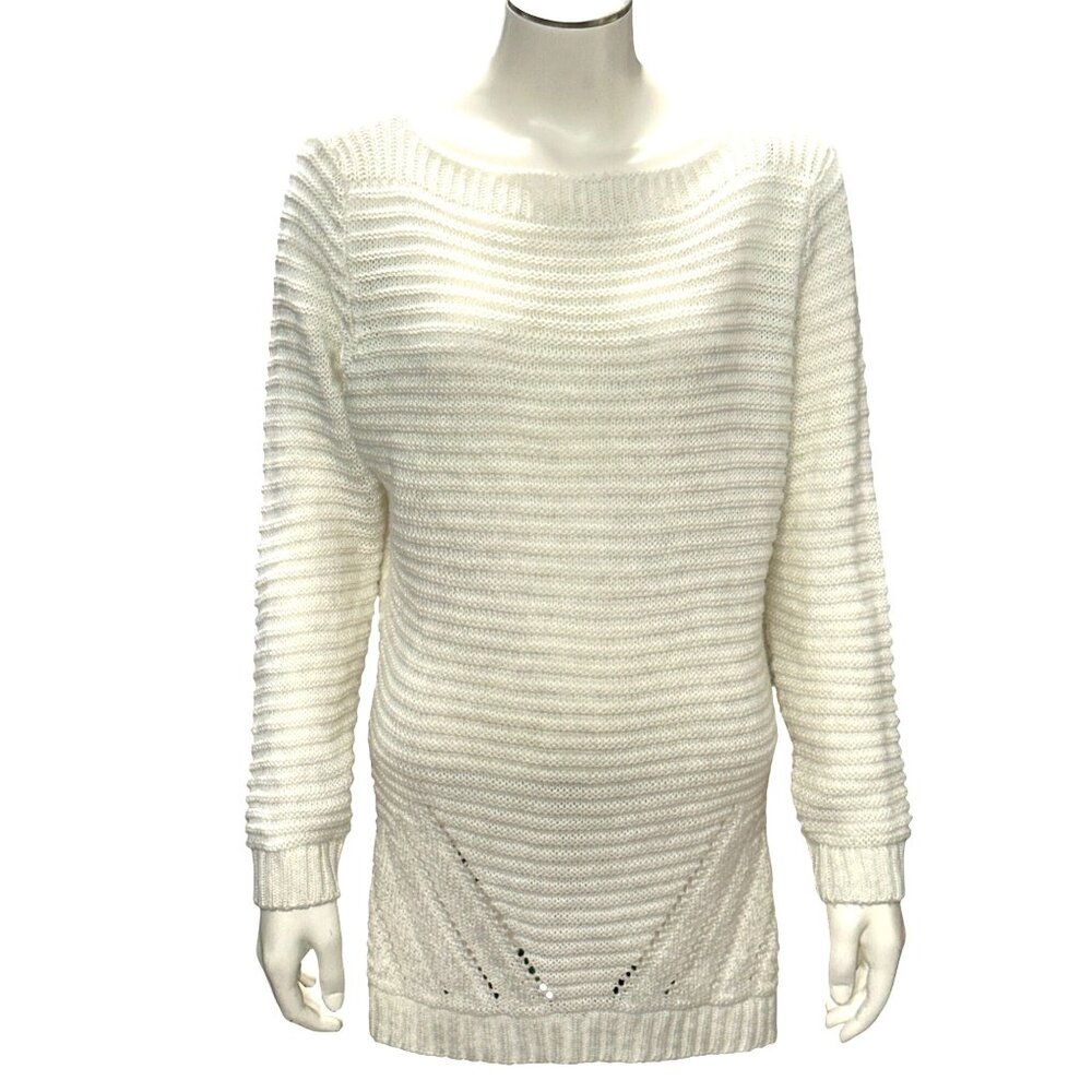 CCC Loose Knit White Long Sleeve Sweater Ribbed Stripes Eyelet Detail Lightweigh